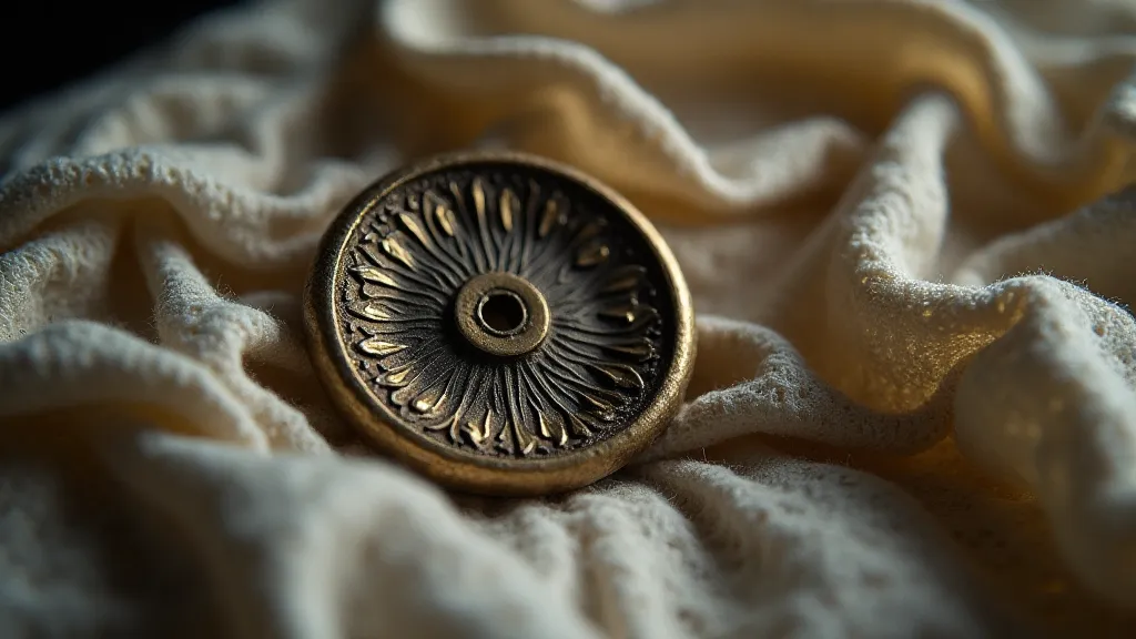 Tarnished brass button on faded fabric