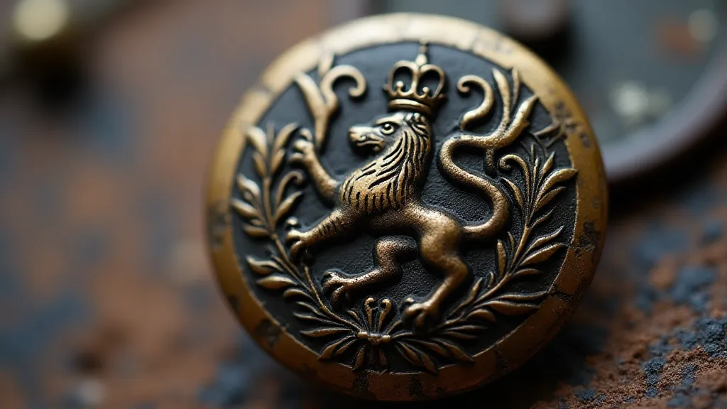 Close-up of a brass button with a lion crest