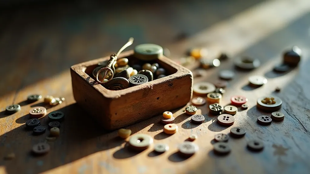 Vintage button collection in a wooden box