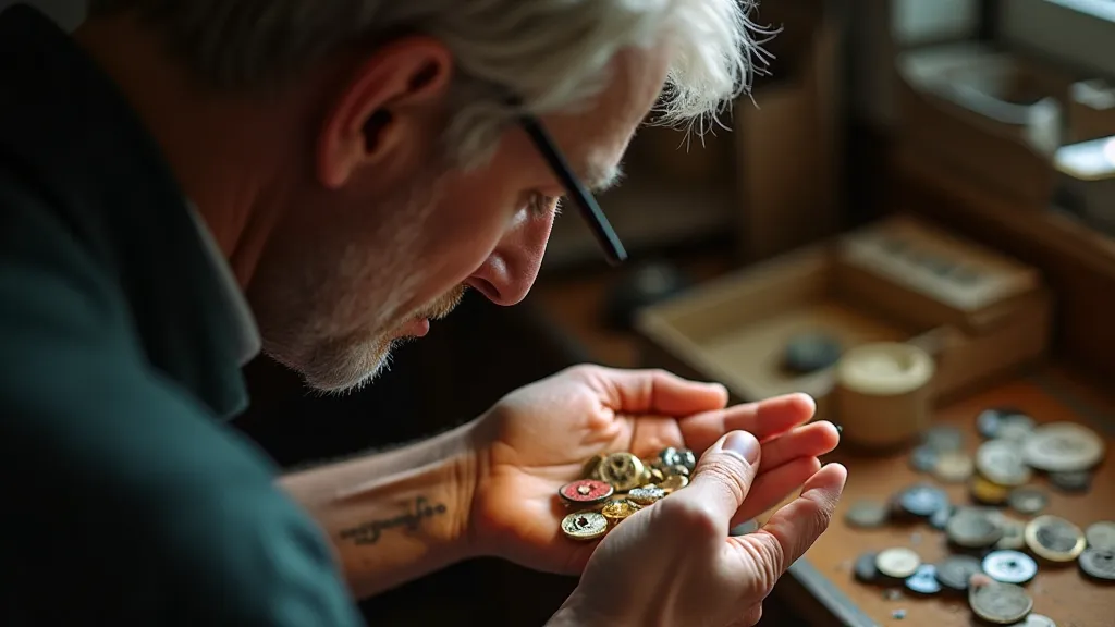 Vintage button collector examining buttons