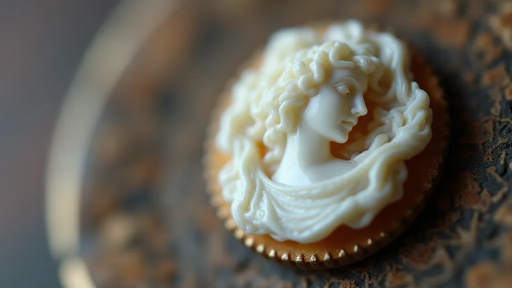 Macro photograph of a vintage porcelain cameo button