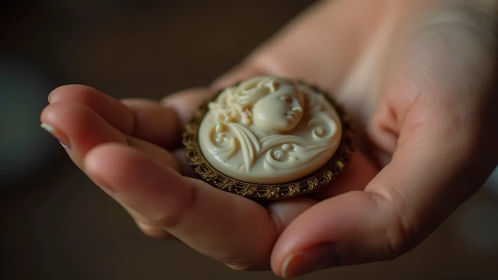 Hand holding a vintage cameo button, emphasizing fragility