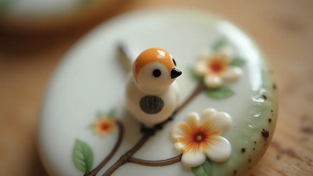 A macro photograph of a delicate hand-painted porcelain button depicting a bird and flowers.