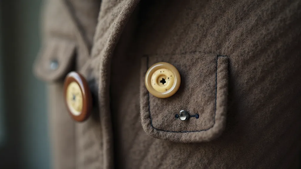 Mismatched buttons on a worn coat