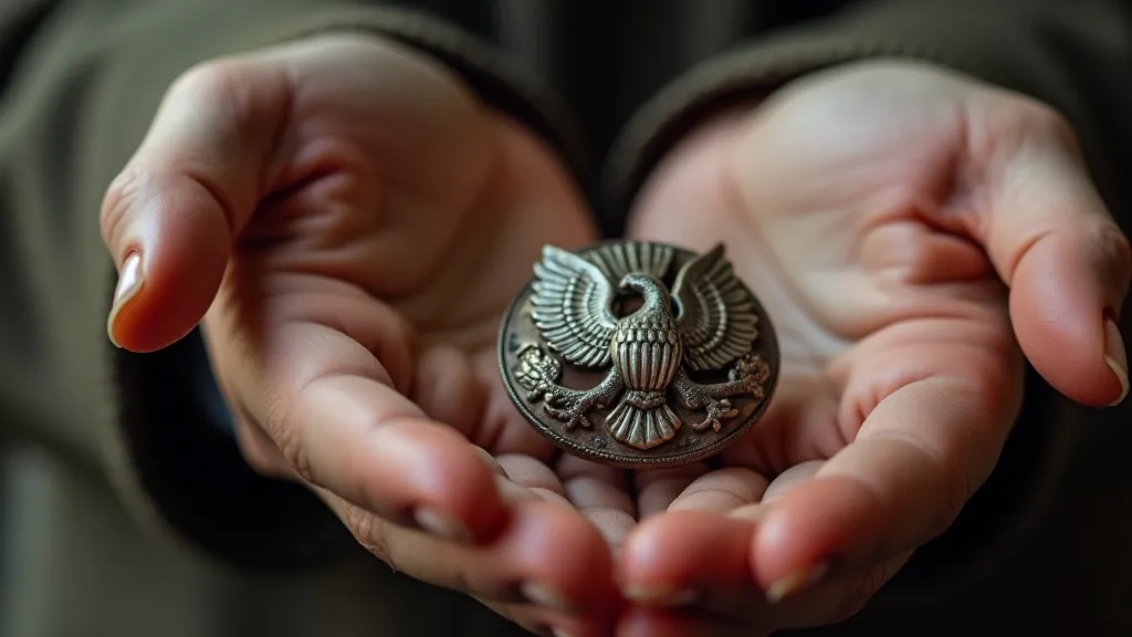 A hand holding a silver button depicting an eagle