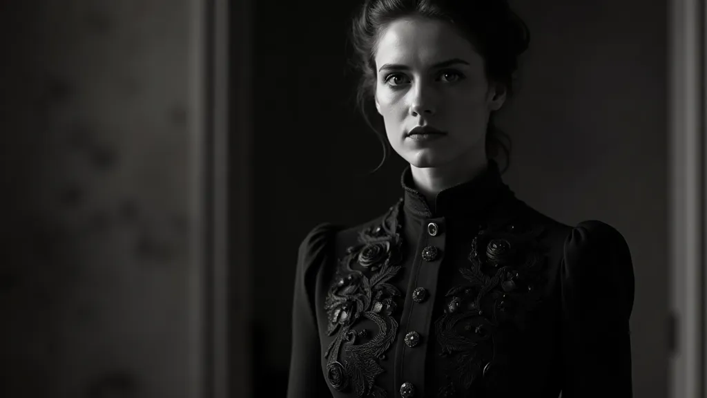 Victorian woman in a mourning dress with black glass buttons