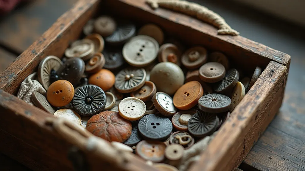 A collection of vintage buttons in a weathered wooden box.