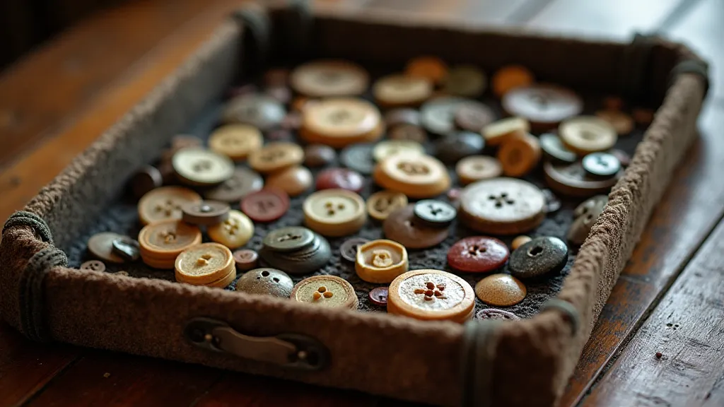 Collection of vintage buttons in a display tray